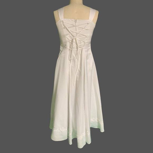 BEAD EMBROIDERED WHT SATIN A-LINE DRESS & MATCHING SHRT-SLEEVED CROP JACKET SZ 8 - Picture 5 of 5